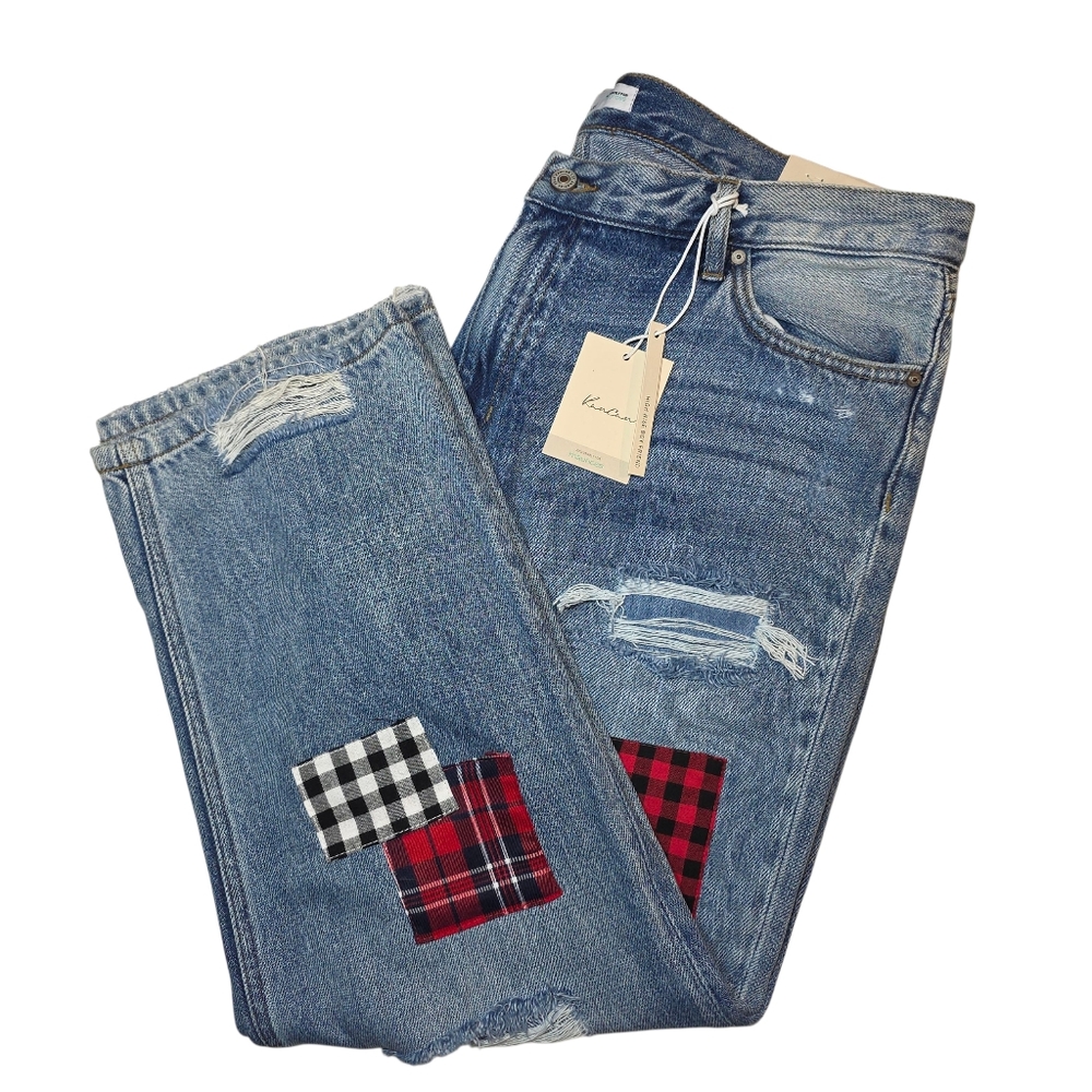Kancan Jeans Women’s Sz 32 Blue High Rise Distressed Retro Boyfriend Patches